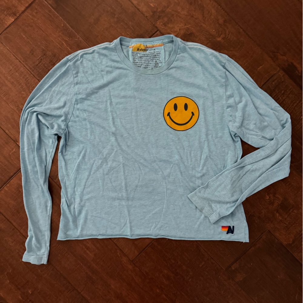 Aviator Nation Long Sleeve Blue Tee with Yellow Smiley